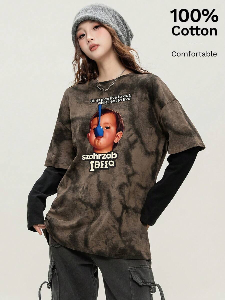 JUTU Spring & Autumn Casual Cute Hand-Painted Pattern All-Over Print Patchwork 2 In 1 Long Sleeve Round Neck Loose Knit Coffee & Black Top, Suitable For Vacation & Street Carnival - 409 Coffee Black - KJ0213 - View 1