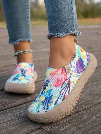 Women's Colorful Shell & Floral Print Knit Slip-On Sneakers, Breathable Mesh, Super Lightweight Non-Slip Thick Sole Casual Walking Shoes, Comfortable Summer Beach Loafers, Plus Size Wide Fit Available
