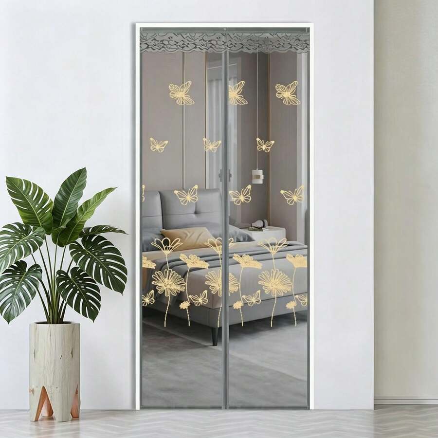 Rèm cửa chống muỗi tự động đóng, lưới hình thoi, màu xám thêu họa tiết bướm, chất liệu dày dặn. - Phiên bản thêu màu xám - Xem 1