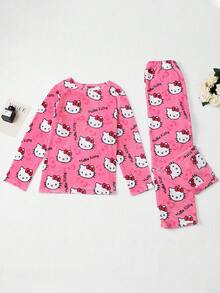 SANRIO 两件套可爱柔软毛绒睡衣，卡通印花加厚绒里长裤+上衣，白色/粉色/黑色/酒红色可选，保暖休闲家居服套装，适合春、秋、冬三季穿着，卡通动漫图案，时尚派对礼物，适合送给朋友、女朋友、情侣，也适合返校、感恩节、新年等节日礼物。 - 粉色 - 查看 4