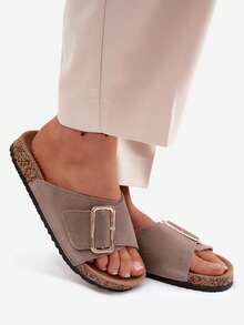 Elegant And Comfortable Women's Suede Slippers Made Of Natural Leather, On A Cork Sole, With A Gold Buckle And Contoured Insole, Ideal For Summer Black Beige Green - Khaki - View 9
