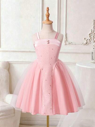 Summer Girls Toddler Fashion Princess Style Heart Print Mesh Satin Slip Dress