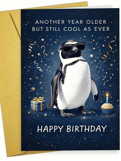 1pc, "Still Cool As Ever" Penguin Birthday Card. Includes Envelope, Thick Cardstock. Stylish Penguin With Fashion Glasses & Party Confetti Design. Perfect For Adults/Teens – The Ideal Edgy Cool Card (12cm/4.7in X 17cm/6.7in)