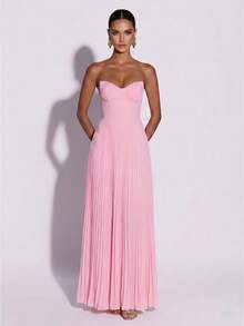 Romantic Sexy Women's Sleeveless Pleated Maxi Dress, Strapless Knit Ruched Gown - Pink - View 2