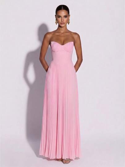 Vestido maxi plisado sin mangas y romántico sexy para mujer, vestido de punto fruncido sin tirantes