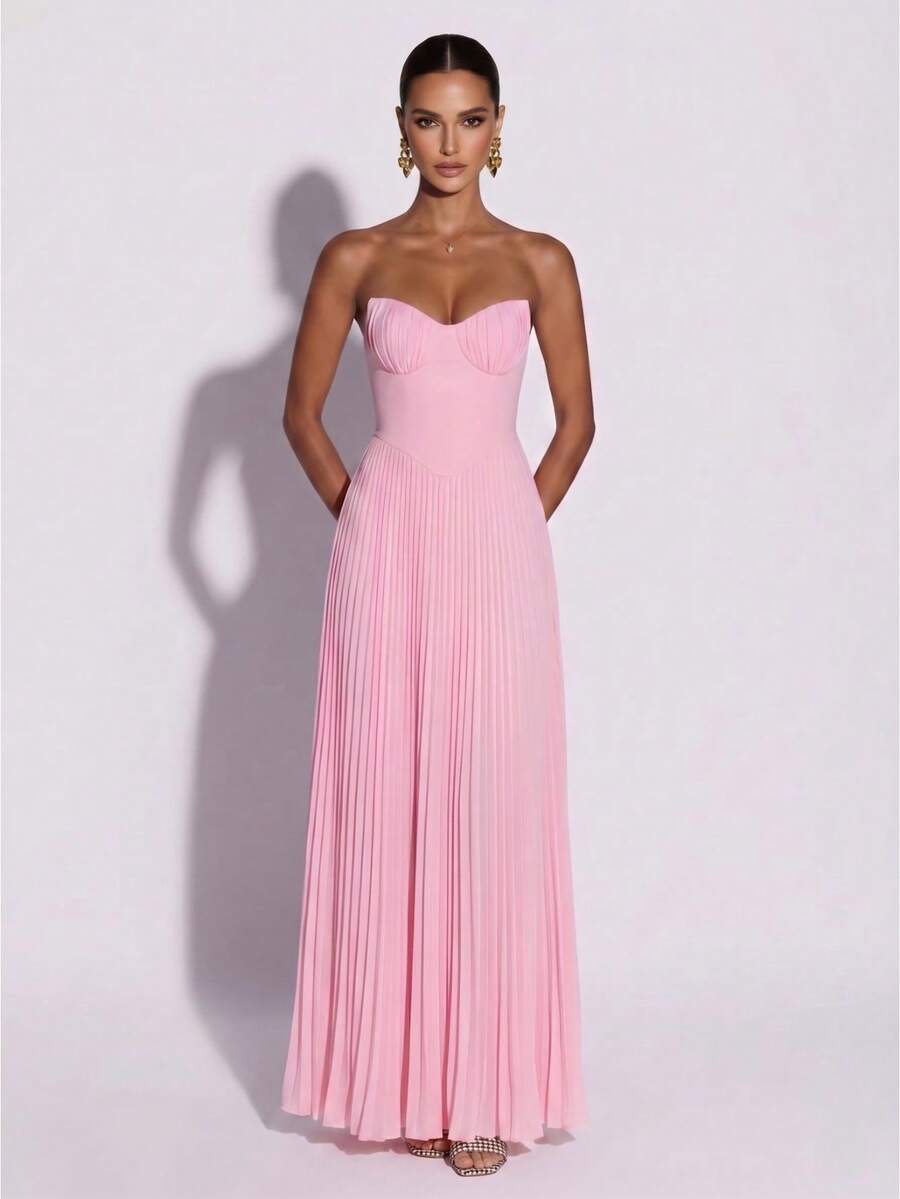 Romantic Sexy Women's Sleeveless Pleated Maxi Dress, Strapless Knit Ruched Gown - Pink - View 1
