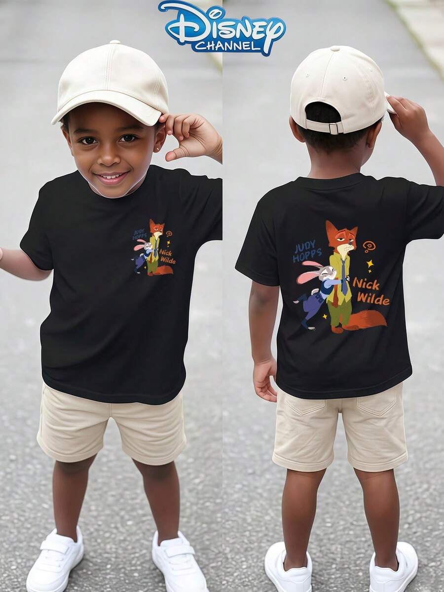 Disney 1pc Teen Boys Casual Zootopia Judy And Nick Print Short Sleeve Tshirt Boys Clothes Kids Clothes Boys Boys Shirts Summer - 黑色 - 查看 1
