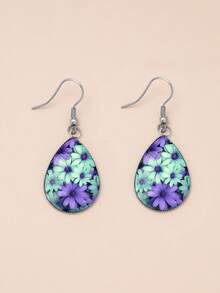 1 Pair Vintage Purple & Green Daisy Cluster Pattern With 316 Stainless Steel Water Drop Ear Hooks, Romantic & Cute Style Suitable For Women's Daily Wear And Gift Jewelry Earrings - Violet Purple - View 7