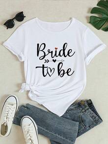 Women's Short Sleeve Cotton T-Shirt [1 Piece Casual T-Shirt With "Bride To Be" Print] 1 Piece Women's Casual Crew Neck T-Shirt With "Bride To Be" Print, Knit Fabric, Breathable Short Sleeve Top For Spring/Summer/Autumn - Fashionable Regular Length T-Shirt 241206 - 白色 - 查看 2