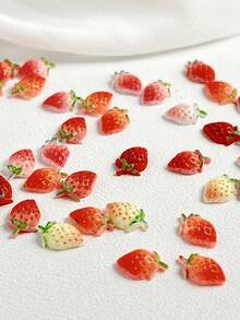 50pcs Random Mixed Color Cute Cartoon Strawberry Nail Art Charms, 3D Resin Realistic Fruit Nail Decoration, Suitable For Summer Nail Art And Phone Case Decoration - Multicolor - View 4