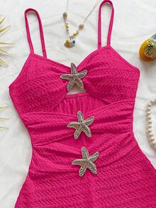 Mono de mujer con decoración de estrella de mar hueca, adecuado para fiesta y uso en casa - Rosa Fucsia - Ver 6