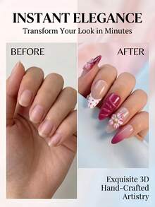 NAILS BASE 10片/組 粉色杏仁形長款法式漸層漸變美甲凝膠假指甲，附玫瑰紅花朵，杏仁形甲片，適合辦公場合的中性華麗風，日式手工 P - 彩色 - 查看 6