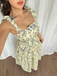 French Elegant Ruched Waist Floral Print Flared Dress, Sleeveless Flowy Dress, Light Blue Floral Summer Dress - Màu vàng - Xem 2