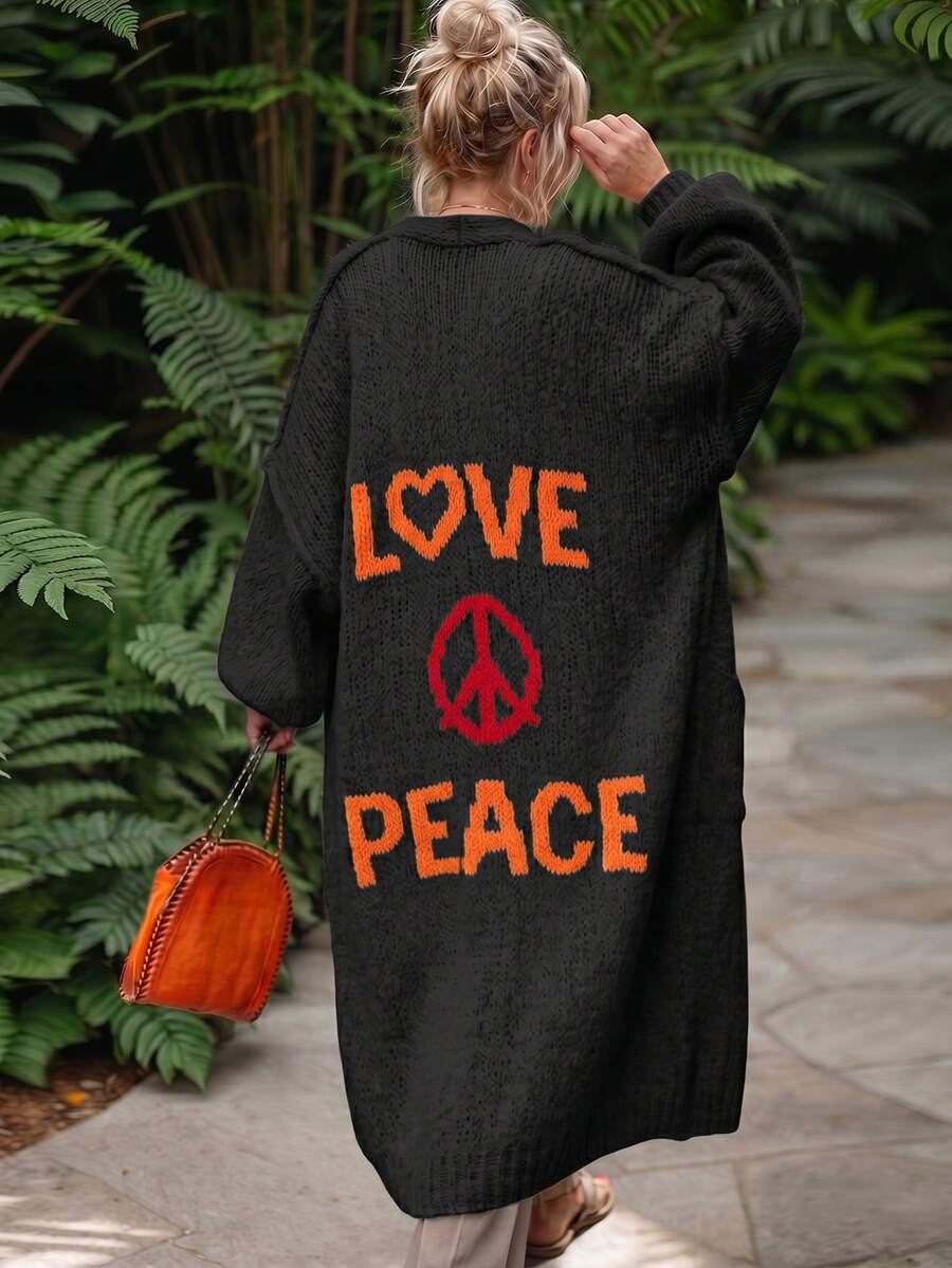 Fashionable New Autumn/Winter Tops, Featuring Letter Print, Contrast Stitching, Color Block, Colors, Pattern, Long Sleeve Sweater, Women's Casual Oversized Cardigan, Suitable For Outerwear Black - Black - View 1