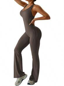 Women's Flared-Leg Jumpsuit With Built-In Bra, Openwork Back, Sportswear, Sleeveless Jumpsuit, Fitted Casual - Brown - View 3