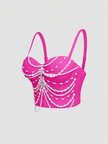 Top Bustier Sexy com Design de Corrente de Pérolas e Borla, Estilo Único de Nicho para Festival de Música, Camisole Casual de Verão para Mulheres - Pink - Visão 5