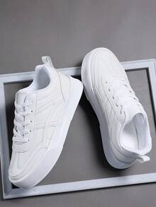 Men's Sneakers, Breathable All-Season Multi-Function Non-Slip Thick Sole Pure White Casual Leather Lace-Up Low-Top Oversized Sports Shoes - White - View 1