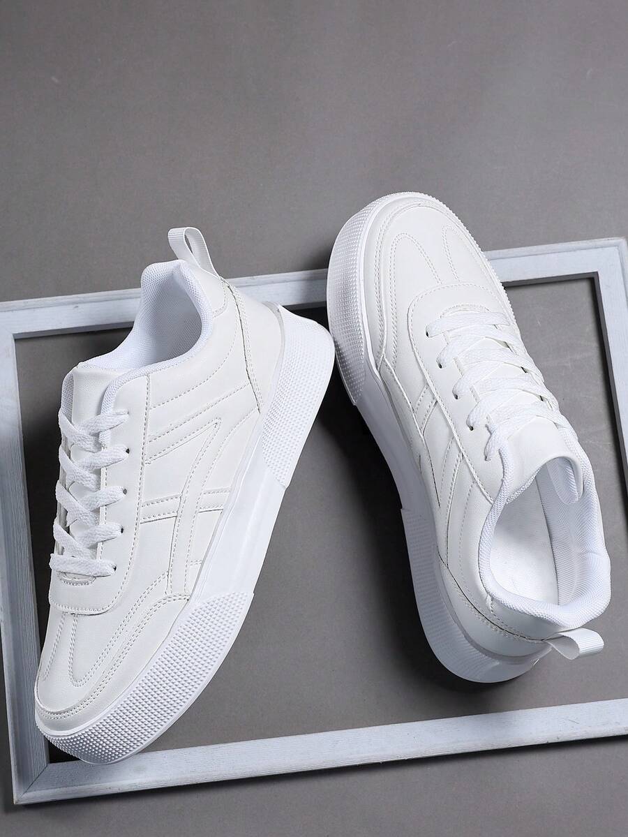 Men's Sneakers, Breathable All-Season Multi-Function Non-Slip Thick Sole Pure White Casual Leather Lace-Up Low-Top Oversized Sports Shoes - White - View 1