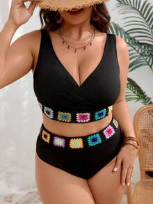 Plus Size Sexy Spaghetti Strap Bikini With Crochet Detail High Stretch Woven Fabric Black Swimsuit Set,Beach Wear,Ropa De Playa,Trusas De Mujer Para Playa,Pool Party Outfit Women,Tankini Top,Trusas De Mujer Para Playa,Traje De Baño Mujer,Swimwear,Tropicoqueta Outfits,Tropical Outfits For Women,4th Of July Outfit Women,Bikini Sets Full Coverage,Full Coverage Bikini,Hawaii,Trajes De Baño Mujeres - 黑色 - 查看 6