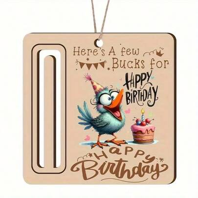Clip para billetes de madera de cumpleaños - Diseño lindo de pájaro y pastel con la cita "Aquí hay algunos dólares", decoración colgante para automóvil/hogar, para cumpleaños, fiestas, amigos y familiares, tarjetas de regalo en efectivo, decoración de fiesta de cumpleaños.
