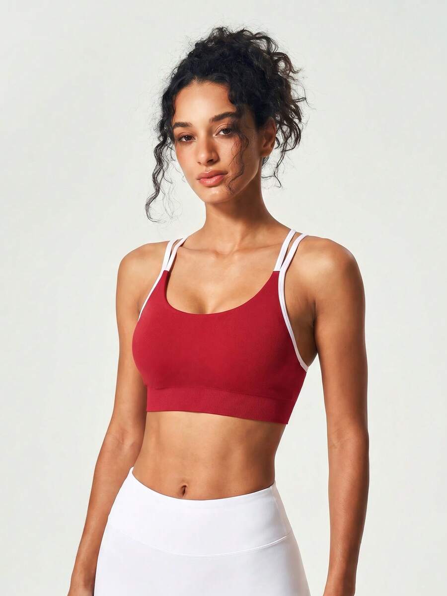 Crisscross Back Sports Bra, Contrast Trim Seamless Workout Top - Red - View 1
