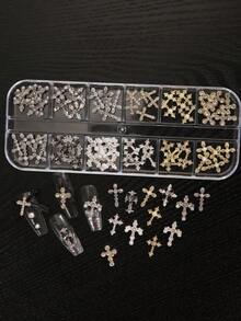 12格哥德式十字架美甲飾品組，復古水鑽珍珠3D金屬裝飾，DIY美甲設計用，12格收納盒 - 彩色 - 查看 3
