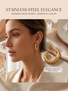 1 Pair Vintage Stainless Steel Elegance Modern Twist Hoops Everyday Luxury C-Shaped Twisted Hoop Earrings For Women, Tarnish-Resistant Gold-Plated Stainless Steel Earrings, Multiple Styles Available - Multicolor - View 1