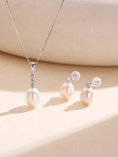 AETOLIA 1 Set Elegante de Collar y Aretes de Plata de Ley 925, Chapado en Oro Blanco, Combinado con Perla Cultivada Natural de 7-9mm, Adecuado para Uso en Bodas/Citas de Mujeres