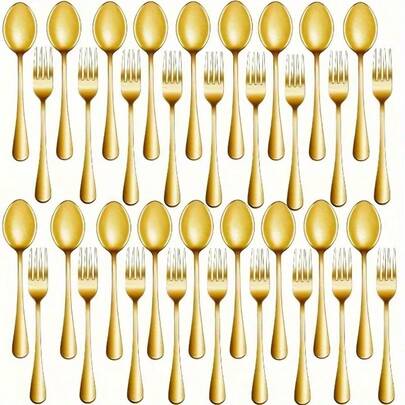 200/100/50/25/10 Pcs Gold Reusable Cutlery Set, Includes Forks, Spoons, Cake Forks, Dessert Spoons, Salad Forks, Pasta Forks & Spoons, Suitable For Birthday, Wedding, Party, Family Gathering, Team Building, Outdoor BBQ, Camping, Banquet, School Supplies, Graduation Ceremony, Holiday Party And More Occasions