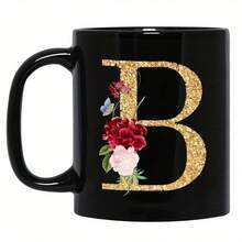 1pc Gold Letter & Floral Print Ceramic Coffee Mug, Beautiful & Practical Gift For Women, Girls, Office, Home Use - Black - View 32