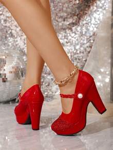 11.3cm Super High Heel Round Toe Pumps, Thick Platform, Patent Leather Patchwork, Pearl Buckle, Large Size Cheongsam Wedding Party Shoes For Women - Red - View 4