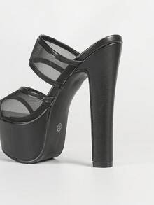 Sandalias de tacón alto de malla para mujer, mulas de moda con tacón alto y grueso para exteriores - Negro - Ver 9
