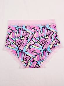 Dircho 6pcs Women's Graffiti Print Panties, Contrast Pink And Mint Green Elastic Waistband, Soft Comfortable Fabric Underwear Set, Featuring Energetic Abstract And Heart Patterns, Breathable And Comfortable For Daily Wear - Multicolor - View 7