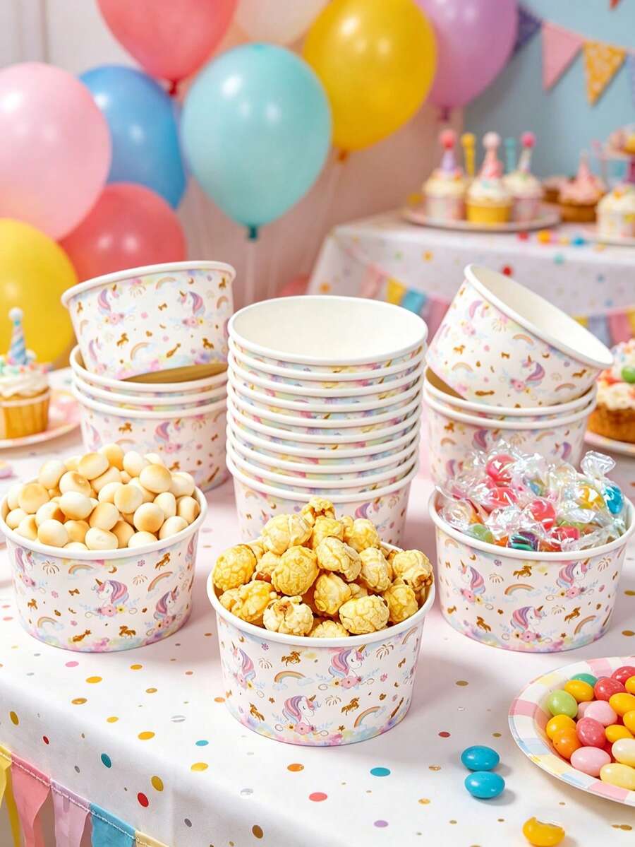 10pcs Rainbow Unicorn Party Disposable Paper Bowls, Suitable For Birthday Party Supplies, Rainbow Unicorn Party Paper Bowls Can Be Used As Popcorn Boxes, Ice Cream Cups And Other Food Containers, Unicorn Themed Birthday Disposable Tableware, Baby Shower Decorations, Pink Unicorn Party Decorations, Tabletop Decor, Kitchen Supplies, Party Gift Boxes, Unicorn Birthday Decorations - Rainbow Unicorn - View 1