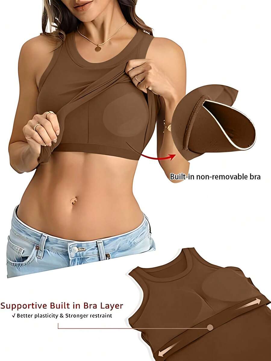 Sports Bra Vest With Non-Removable Padding - Seamless, Wire-Free Design Suitable For All Seasons, Yoga, Running, And Gym Wear. Vest With Built-In Bra, Fall Women's Wear. - 棕色 - 查看 1