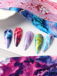 FULL BEAUTY 10片装流体艺术大理石纹美甲贴纸，彩色抽象液体墨水星云水彩美甲贴花，全贴大理石纹理星空美甲装饰，适用于亚克力美甲DIY美甲用品 - 彩色 - 查看 6