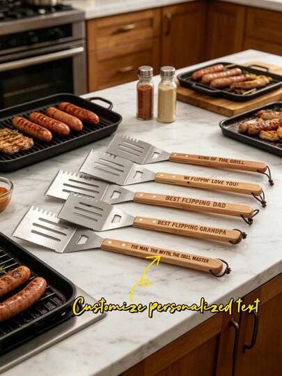 Personalized Custom 4-In-1 Kitchen BBQ Spatula, Personalized Stainless Steel BBQ Scraper, Customizable Name/Text/Logo, Personalized BBQ Spatula, Multifunctional BBQ Tool With Wooden Handle, Custom Flat Top Flipper - The Ultimate Flipping Tool, Suitable For BBQ Grills, Skewers, Teppanyaki, Etc., Ideal For Camping, Picnics, Outdoor Garden Gatherings, Made Especially For Dads