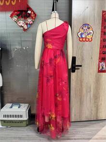 Summer New Women's Fashion Printed V-Neck Sleeveless Light Luxury Heavy Industry Dress - 玫瑰紅 - 查看 3