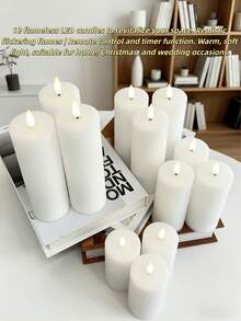 12pcs Flameless LED Pillar Candle Set With Remote Control, Battery Operated Candles For Home/Christmas/Wedding Decor - White - View 1