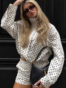 LEILEIBEI Spring/Autumn New Arrival Women's Fashion Casual Versatile Stand Collar Zipper Long Sleeve Polka Dot Jacket - White F - View 8