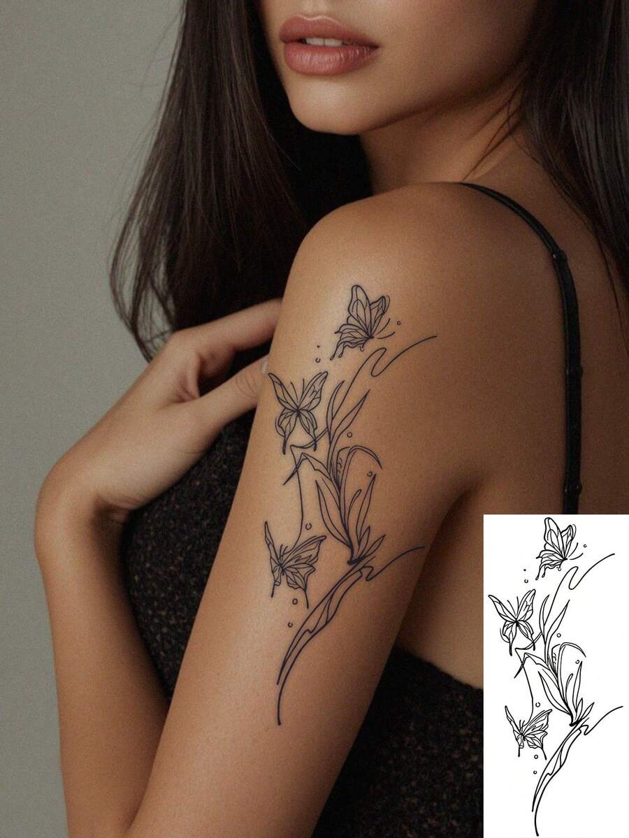 1张可水洗黑色线条蝴蝶花卉临时纹身贴纸,小众优雅简约风格,一次性使用,可持续2-3天 - 黑色 - 查看 1
