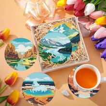 8件套DIY钻石画杯垫套装 - 风景设计，圆形闪亮钻石，强力背胶，全套工具，适合初学者，减压手工，新年、情人节、圣诞节、教师节礼物，家居装饰杯垫，送给家人、朋友、女朋友、老师 - 彩色 - 查看 5