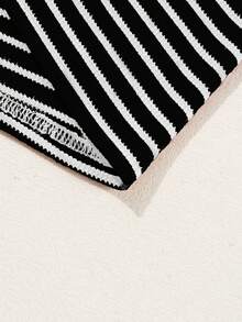 Acelitt Striped Contrast Color Short Sleeve Knit Casual Crew Neck T-Shirt, Summer Black - Black - View 8