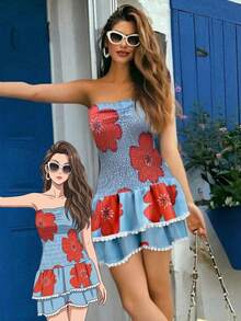 Fondo azul con flores rojas