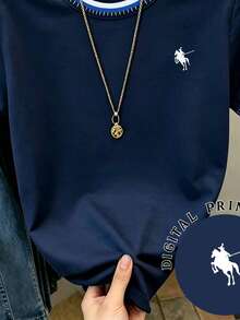Bộ trang phục công sở/đi làm cổ điển màu xanh navy dành cho nữ, phối cùng logo ngựa tương phản, áo thun ngắn tay cổ tròn tối giản cho nữ mặc hàng ngày mùa hè - Màu xám đen - Xem 4