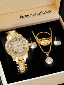 Bộ trang sức và đồng hồ nữ 9 món đính đá Zirconia & Rhinestone, bao gồm 2 vòng tay, 2 dây chuyền, 2 nhẫn, 4 bông tai và 1 dây đeo đồng hồ mạ vàng, thích hợp để đeo hàng ngày. - Vàng - Xem 3