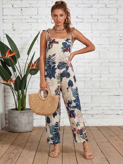 Mono informal de pierna ancha con estampado floral tropical de hojas, con tirantes de atar, cuello cuadrado y correas de espagueti para vacaciones