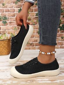 Spring/Summer Breathable Knit Casual Shoes For Women, Soft Sole Slip-On Sneakers, Lace-Free Lightweight & Comfortable Athletic Flats - Black - View 5