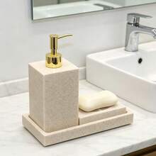 Bộ phụ kiện phòng tắm, Bộ tủ lavabo họa tiết đá sa thạch, Bình đựng xà phòng cầm tay, Cốc đựng xà phòng, Khay đựng xà phòng, Khay đựng bàn chải đánh răng - màu cát - Xem 6