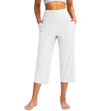 Pantalones elásticos de cintura alta 3/4 para mujer, pantalones capri informales de ajuste activo, pantalones con bolsillos, pantalones deportivos informales de color sólido - Blanco - Ver 3
